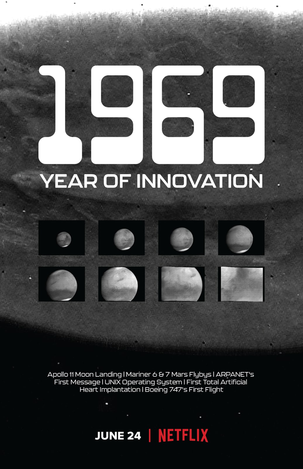 Poster: 1969 set large over the moon's surface, above a grid of eight planetary and lunar photographs.