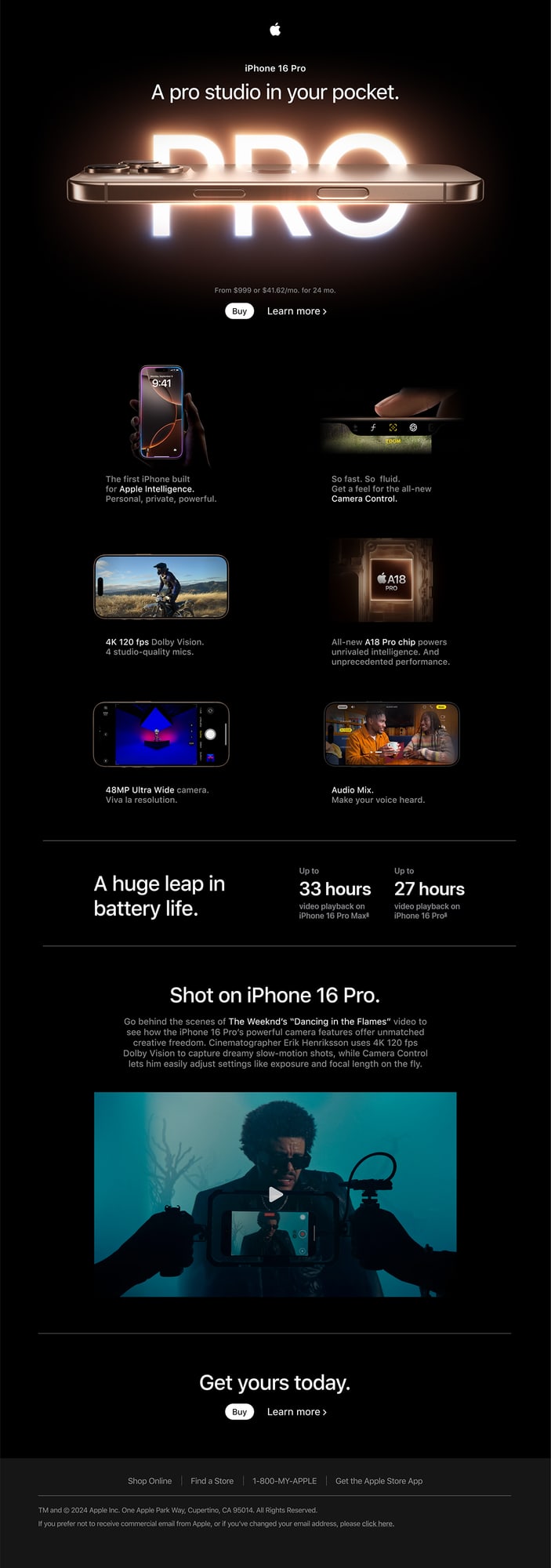 A full-length marketing email on black — a glowing PRO wordmark, a grid of feature tiles, battery-life figures, and a Shot on iPhone film still.