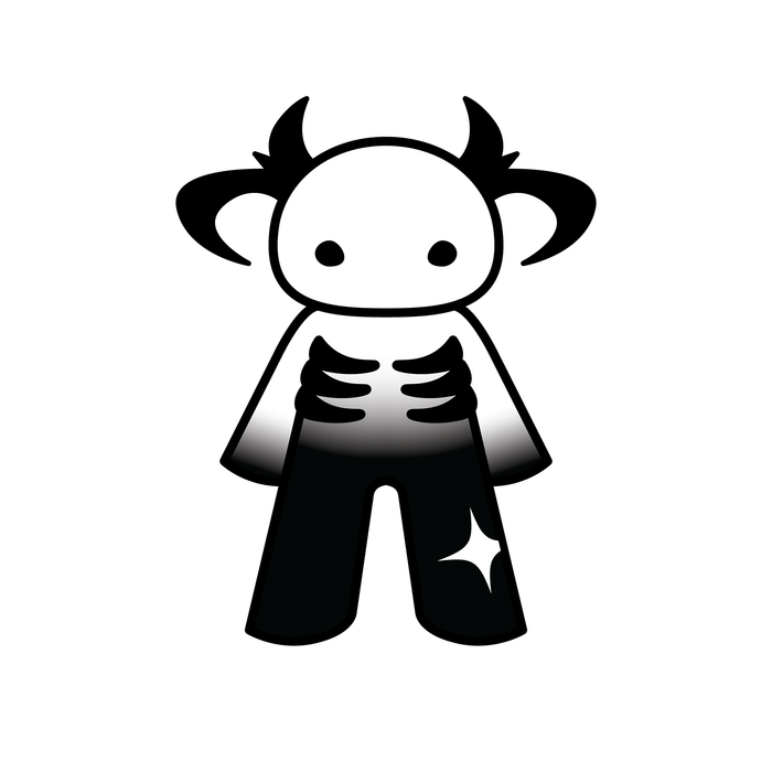 Black-and-white version with curved horns and a ribcage marking.