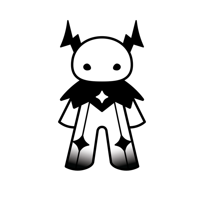 Black-and-white version with lightning-bolt ears and a starred cape.