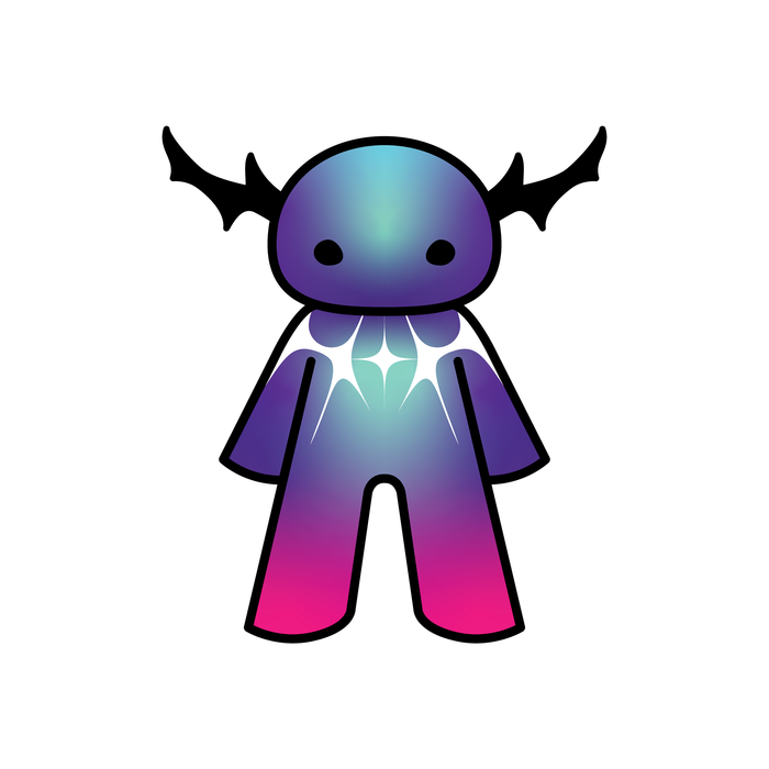 Teal head and antler wings over a purple-to-magenta body with a starburst.