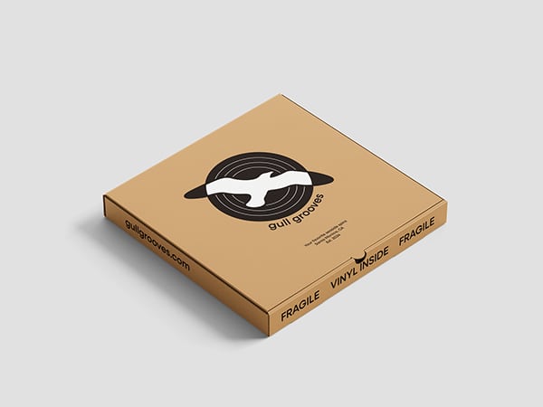 The logo printed on a kraft record mailer marked Fragile, Vinyl Inside.
