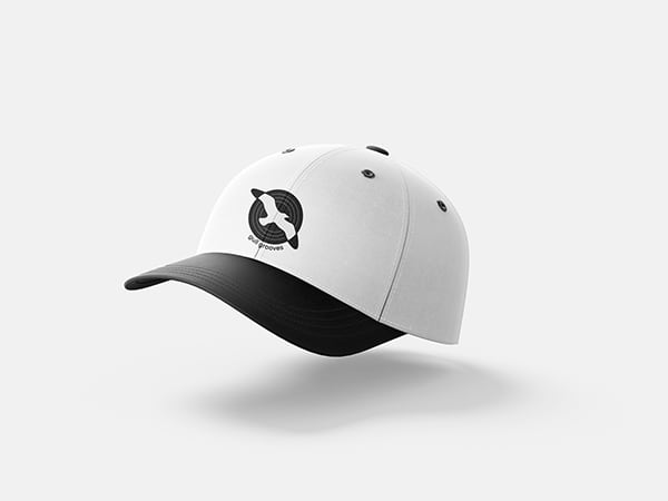 The logo embroidered on the front of a white and black baseball cap.