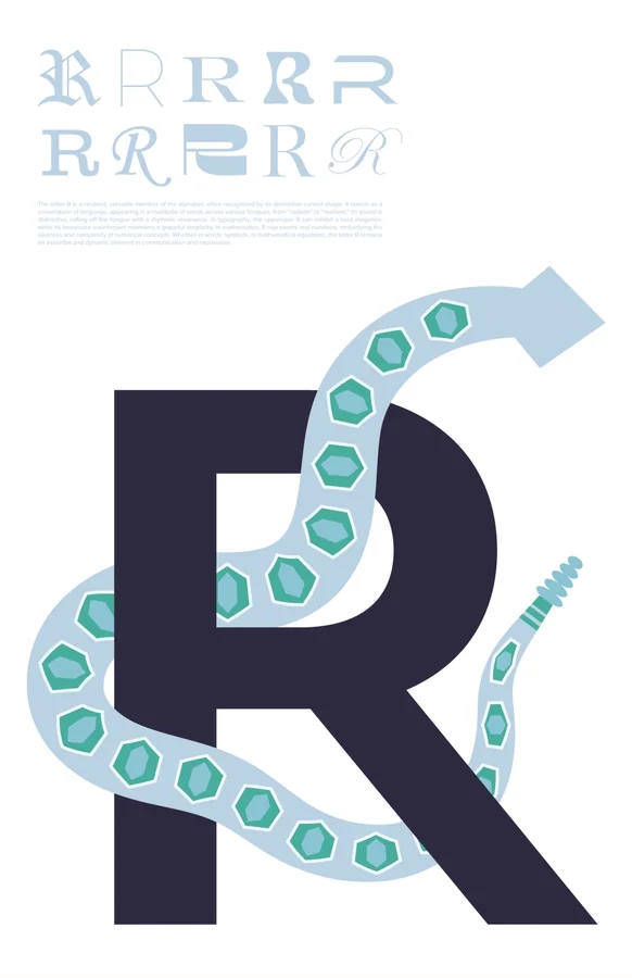 Poster: an R wrapped by a beaded ribbon that animates around it.