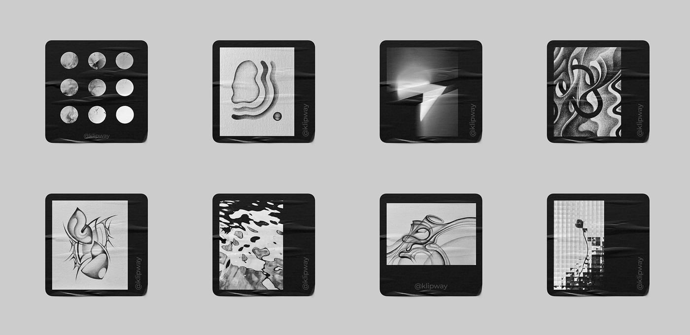The eight stickers laid out in two rows, each carrying a different black-and-white abstract photograph.