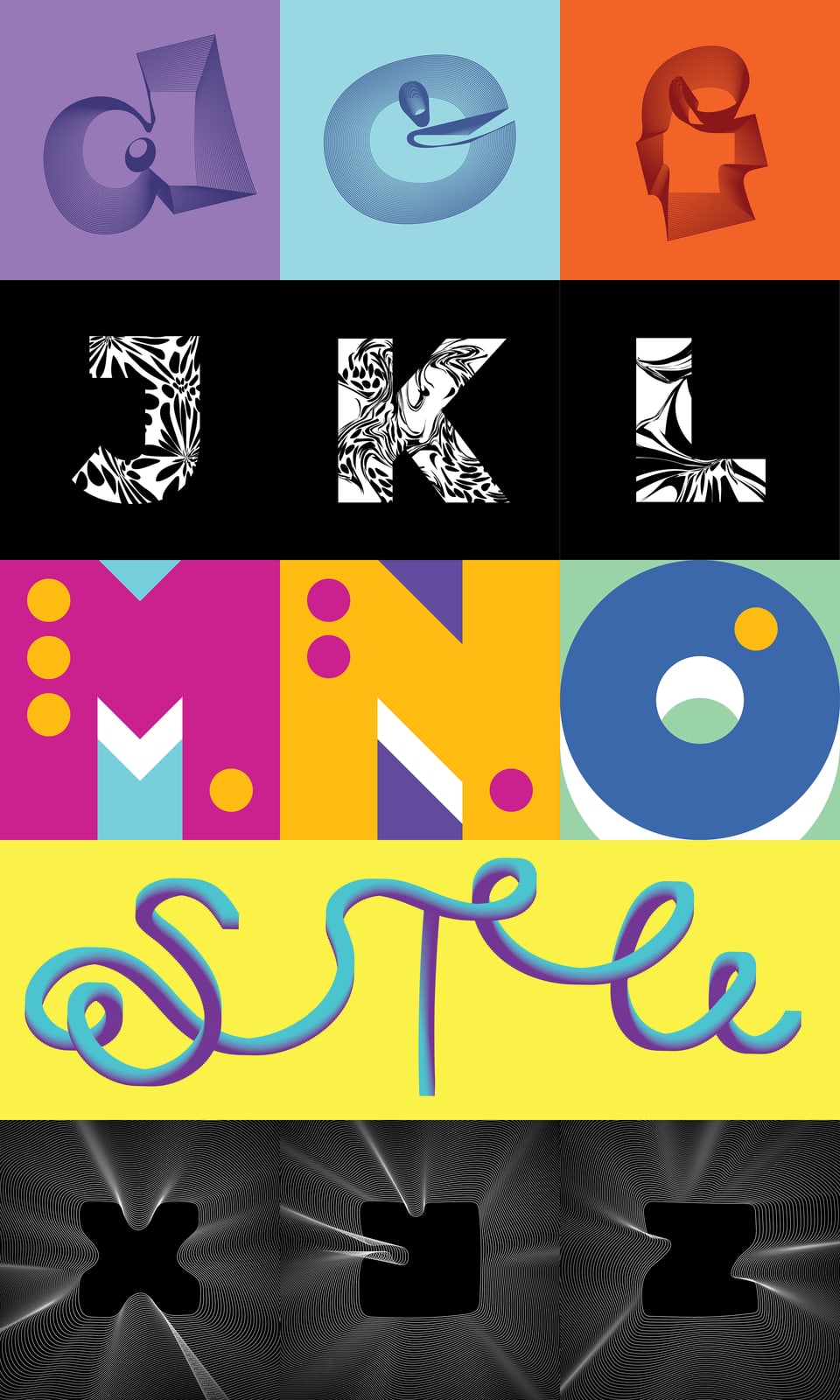 A stacked sheet of letterform panels — the alphabet rendered as blobs, ribbons, cut paper, and wire against blocks of purple, orange, pink, yellow, and black.