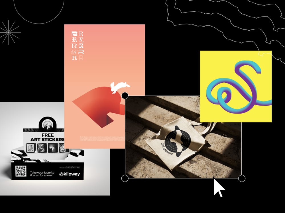 Poster, sticker, and logo work scattered across a black board — a coral typographic poster, a sticker display, a branded tote, and a yellow tile with a looping letterform.