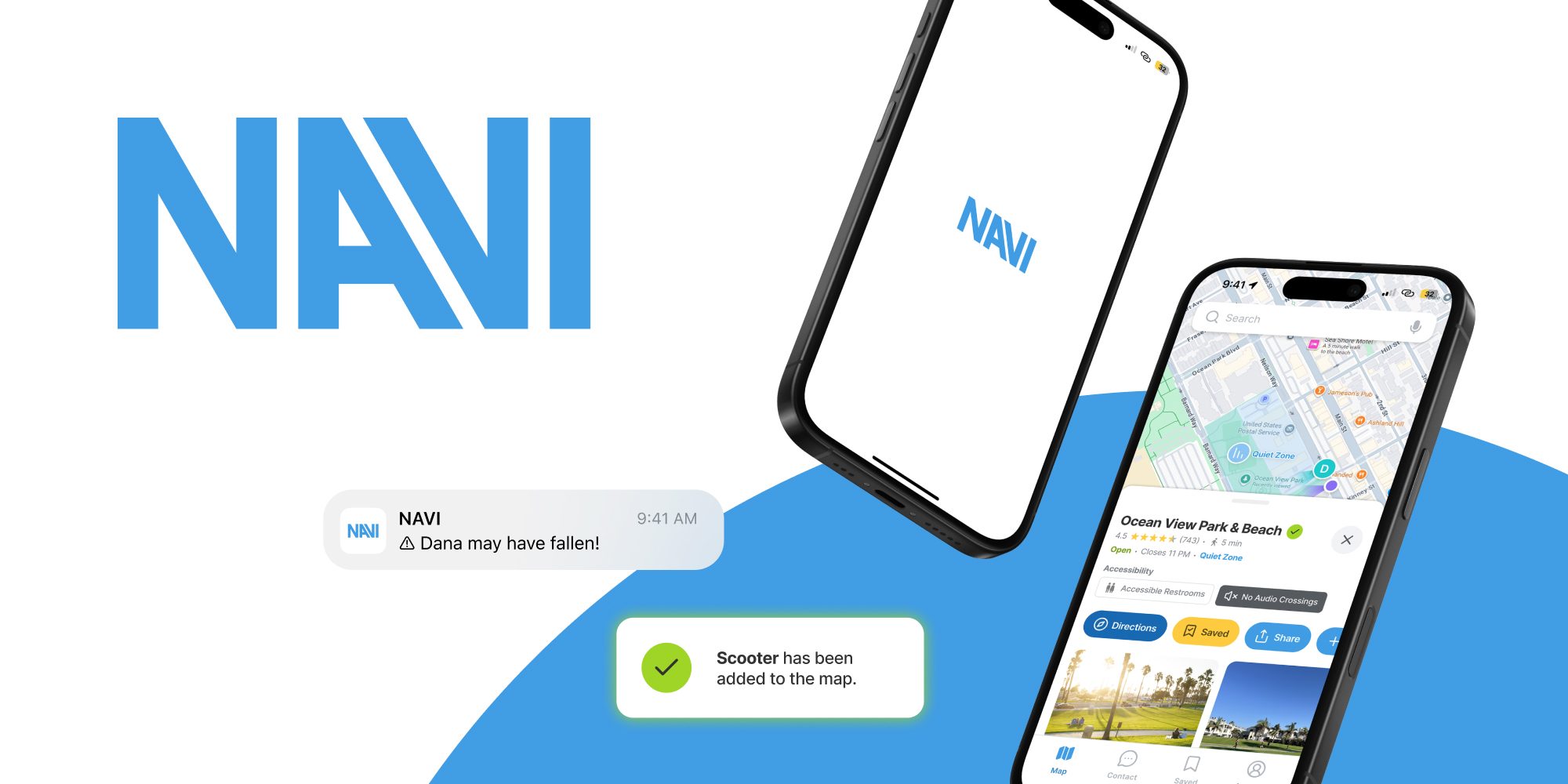 NAVI wordmark beside two phones: the app splash screen and the Ocean View Park place page, with alerts for a possible fall and a scooter added to the map.