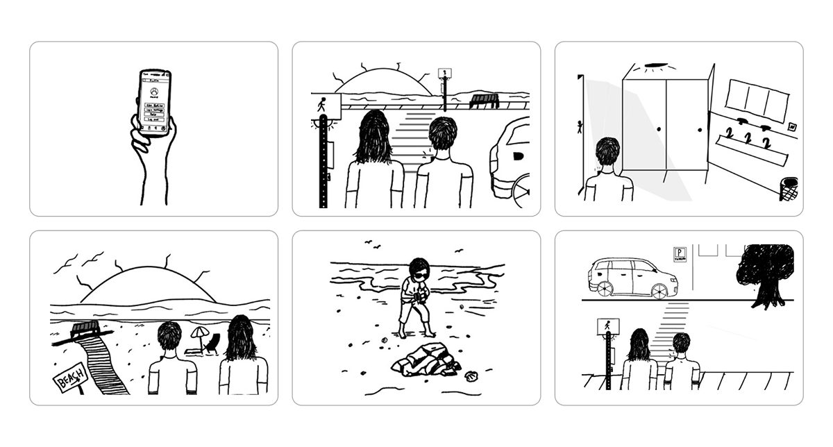 Six hand-drawn panels: picking a destination on a phone, a street crossing, a locker room, the beach at sunset, a fall on the sand, and a parking lot.