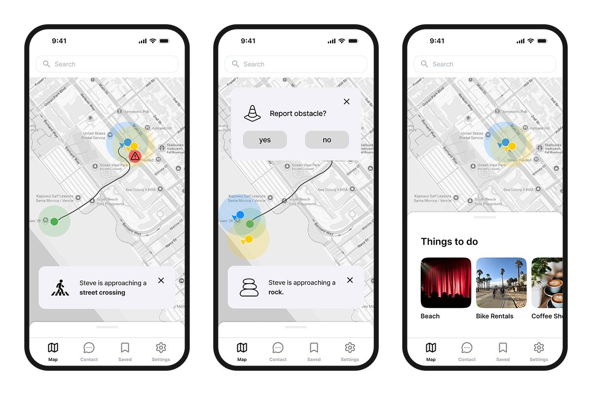 Three low-fidelity screens: a route with a street-crossing alert, a prompt asking whether to report an obstacle, and a list of things to do nearby.