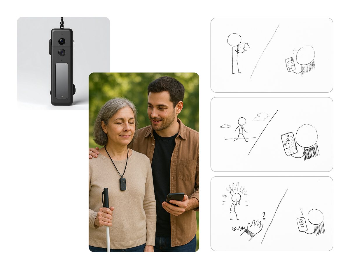 A wearable camera pendant, a photo of a caretaker walking with a woman who uses a white cane and wears the pendant, and three sketches pairing what she hears with what he sees on his phone.