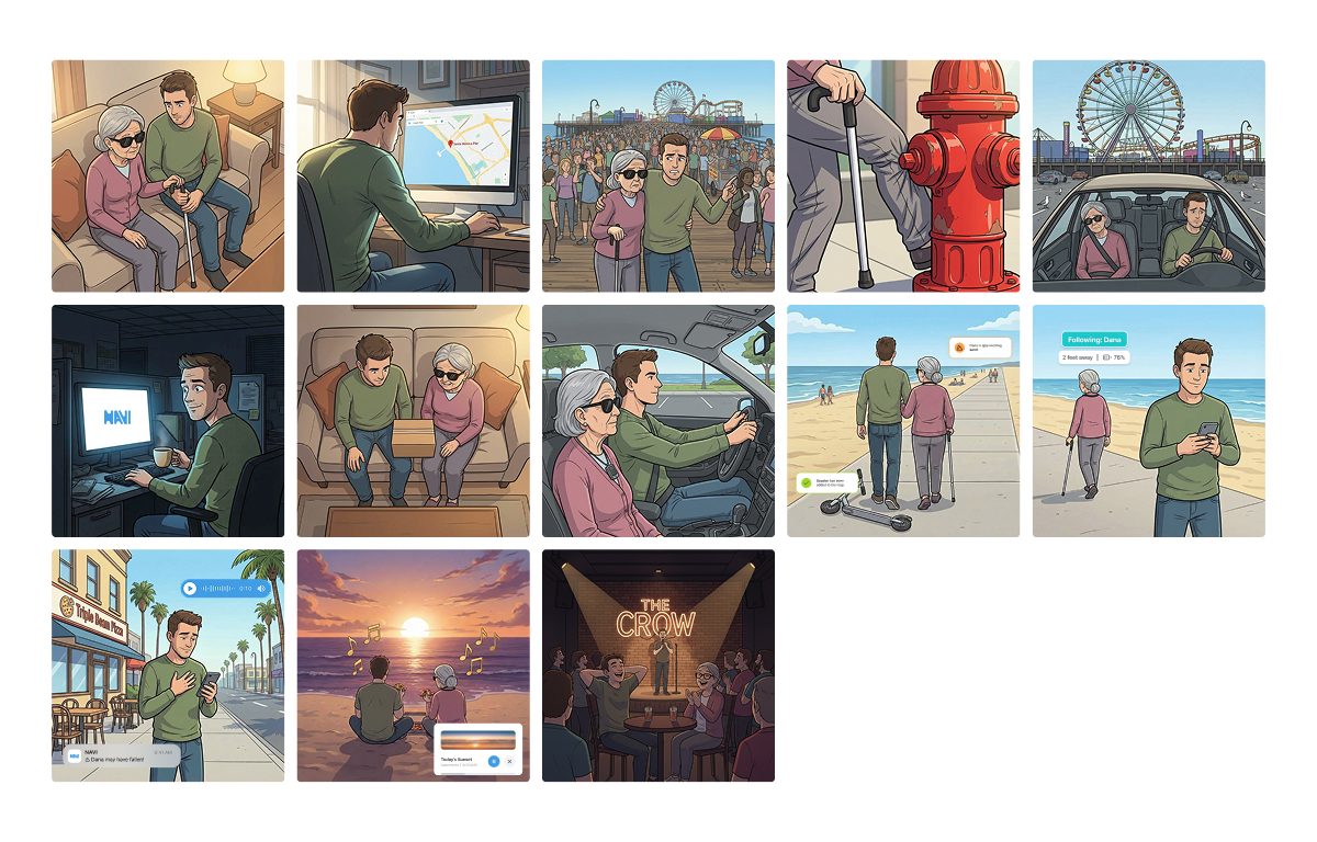 Thirteen illustrated panels following a caretaker and a woman with a white cane through a day out, from planning at home to a comedy club.