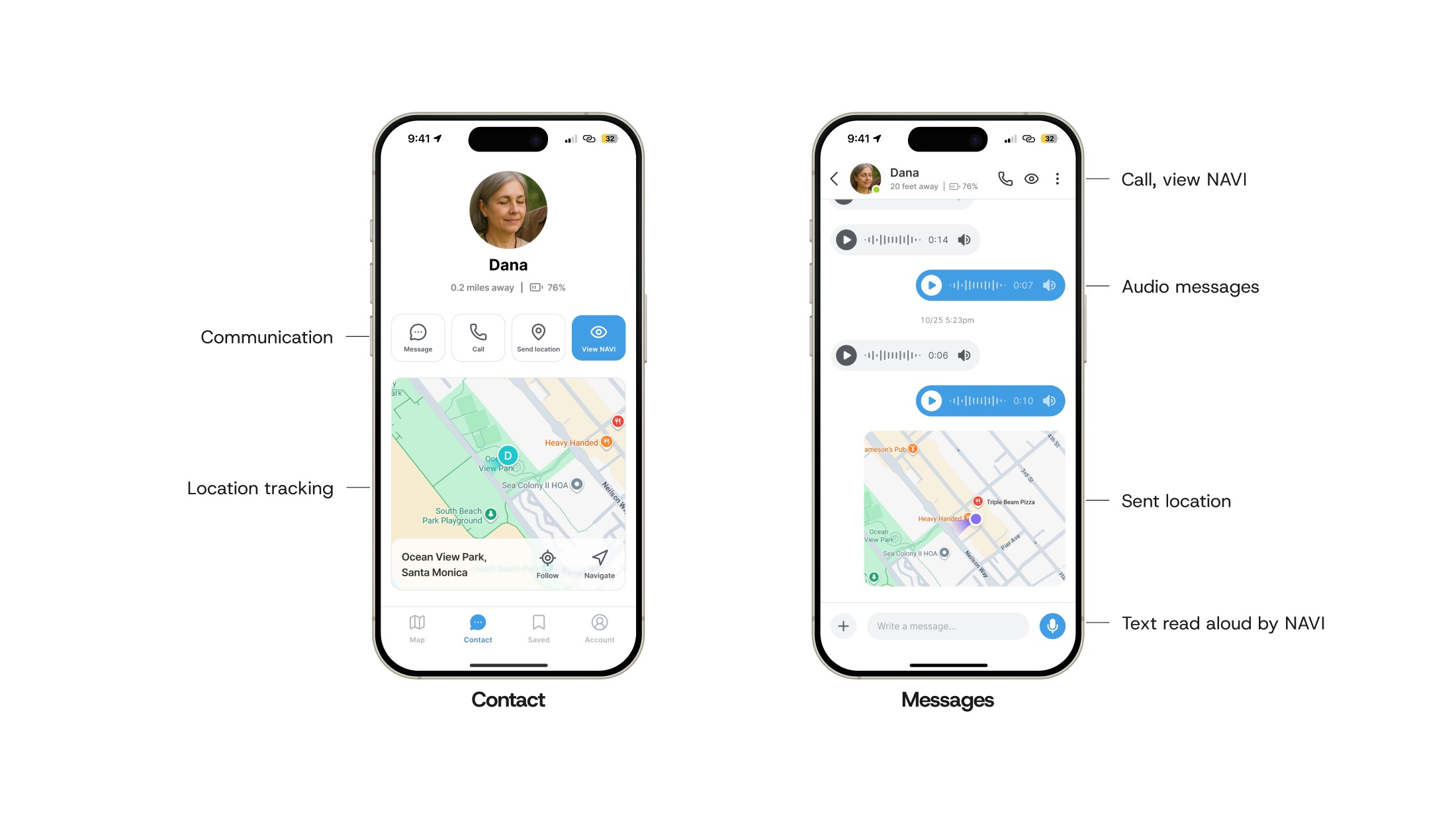 Two screens. Dana's contact card shows her distance and battery above Message, Call, Send location, and View NAVI buttons, with a map of where she is. The message thread carries audio messages both ways, a sent location, and a text field NAVI reads aloud.