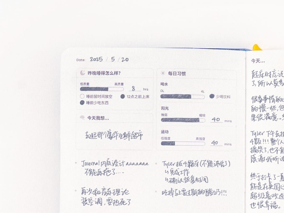 A daily spread filled in by hand, its habit bars marked and notes written down both pages.