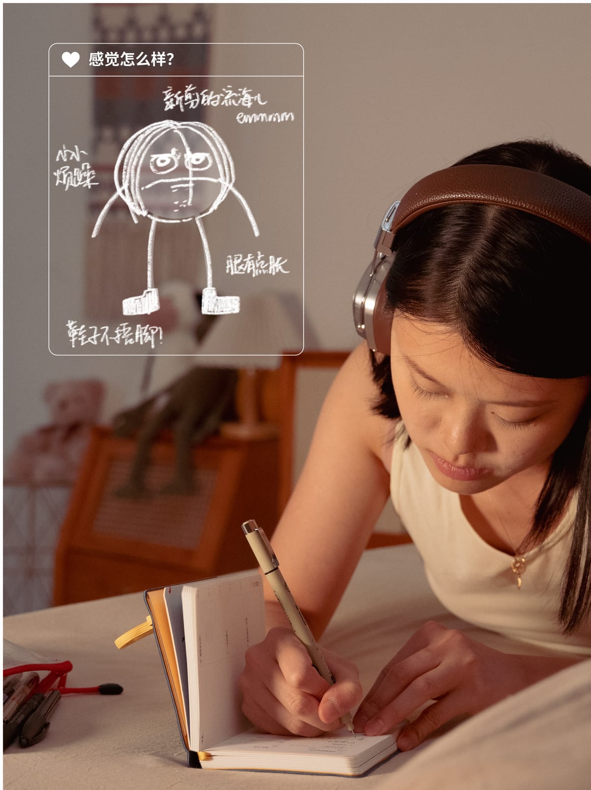 A social post: someone in headphones writing in the journal on a bed, overlaid with the mood check-in module and its doodle.