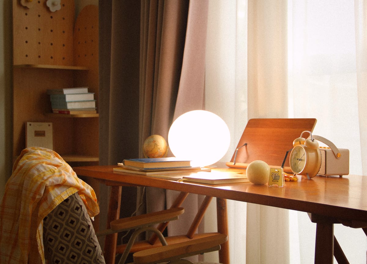 The lamp lit on a desk by a window at dusk.