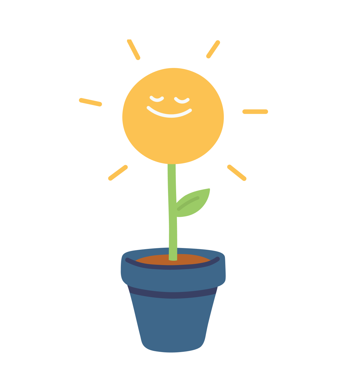 A sticker of a smiling sunflower in a pot.