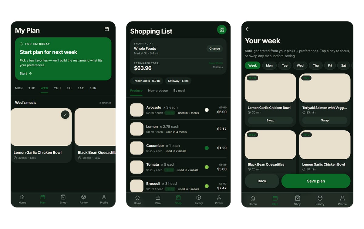 Three screens in the dark direction: My Plan, Shopping List, and an auto-generated week of meals, all on near-black with green accents and cream image placeholders.