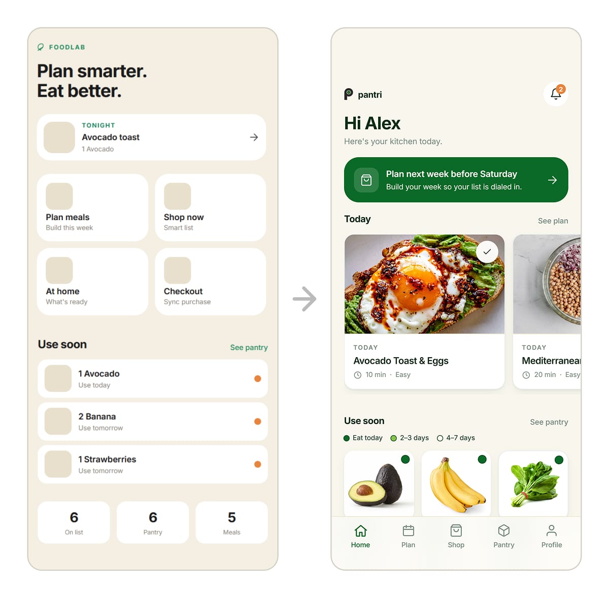 The Home tab, first version beside final. The early screen is headed FOODLAB, "Plan smarter. Eat better.", with gray image placeholders and a row of counters. The final screen is headed pantri, "Hi Alex", with photographed meal cards and a green plan-your-week banner.