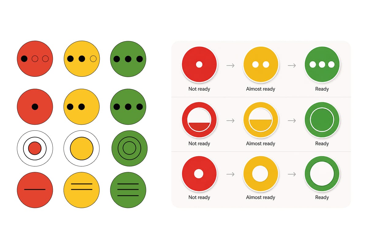 Ripeness markings tested without relying on color. A grid works through dots, filled halves, concentric rings, and bars on red, yellow, and green discs, then three sequences label them Not ready, Almost ready, and Ready.