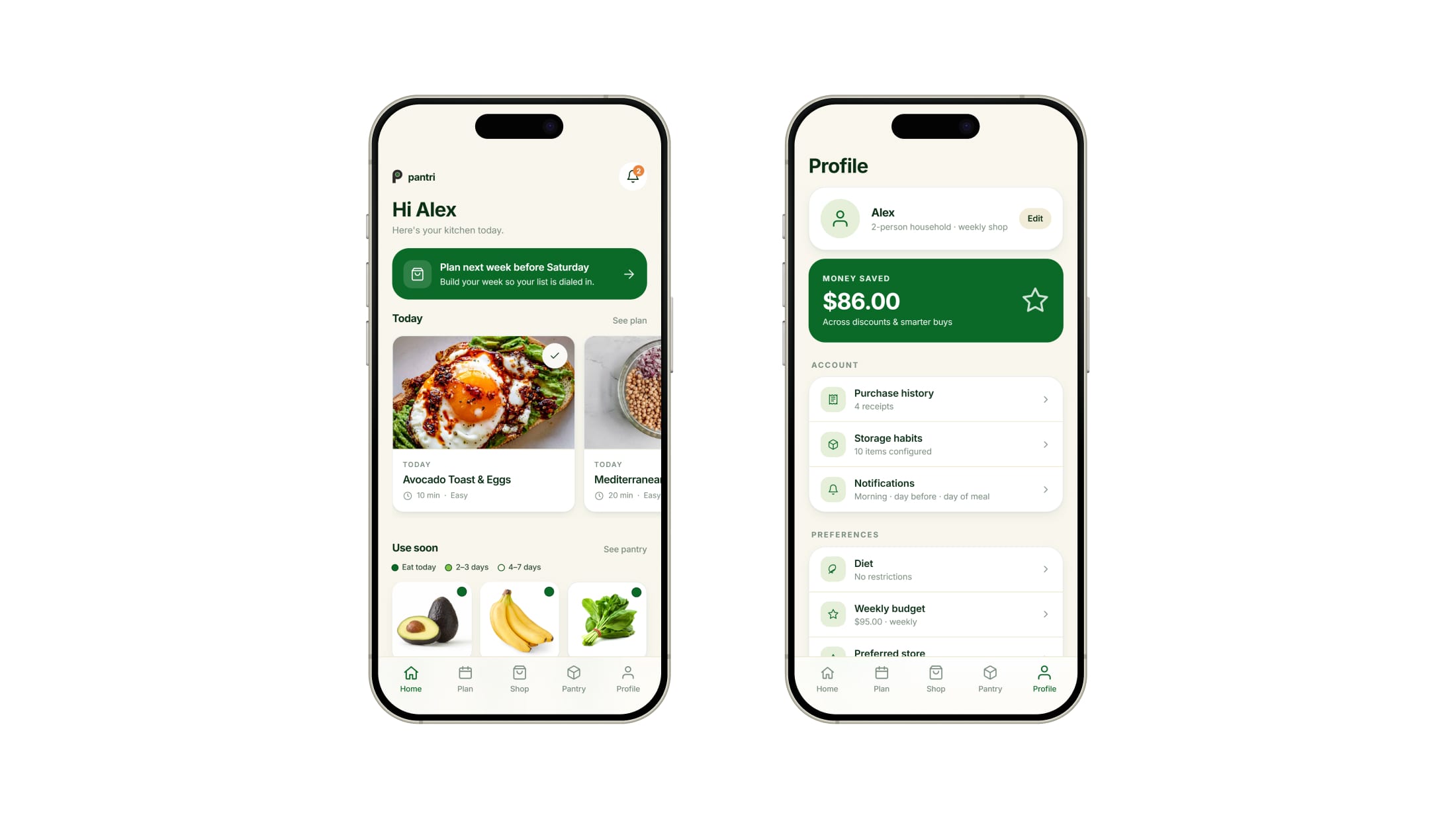 The home screen with today's meals and a use-soon row, beside the profile screen showing eighty-six dollars saved above account and preference settings.