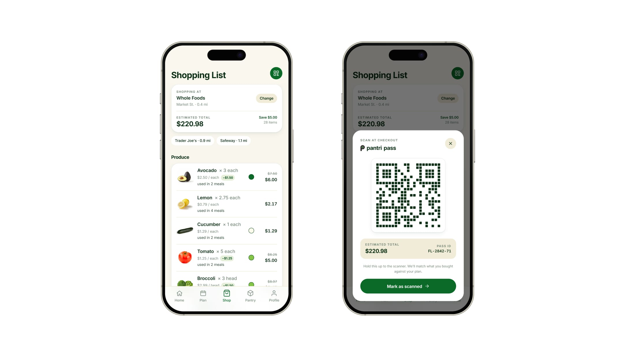 The shopping list grouped by aisle, each item carrying its price, its saving, and a ripeness dot, beside the same screen with the pantri pass open, a QR code to scan at checkout.
