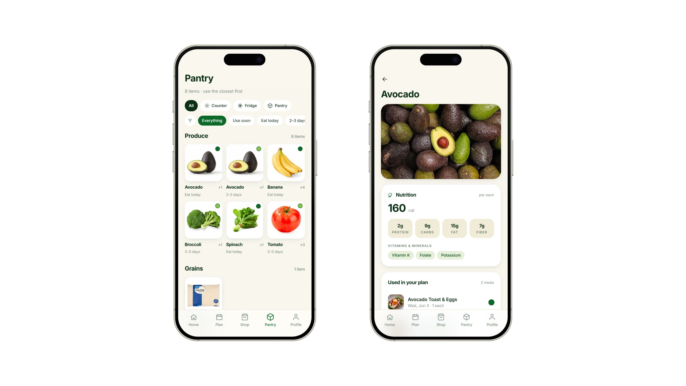 The pantry grid of produce photographs, each with a ripeness dot and a use-by label, beside the avocado detail page with its nutrition panel and the meals it belongs to.