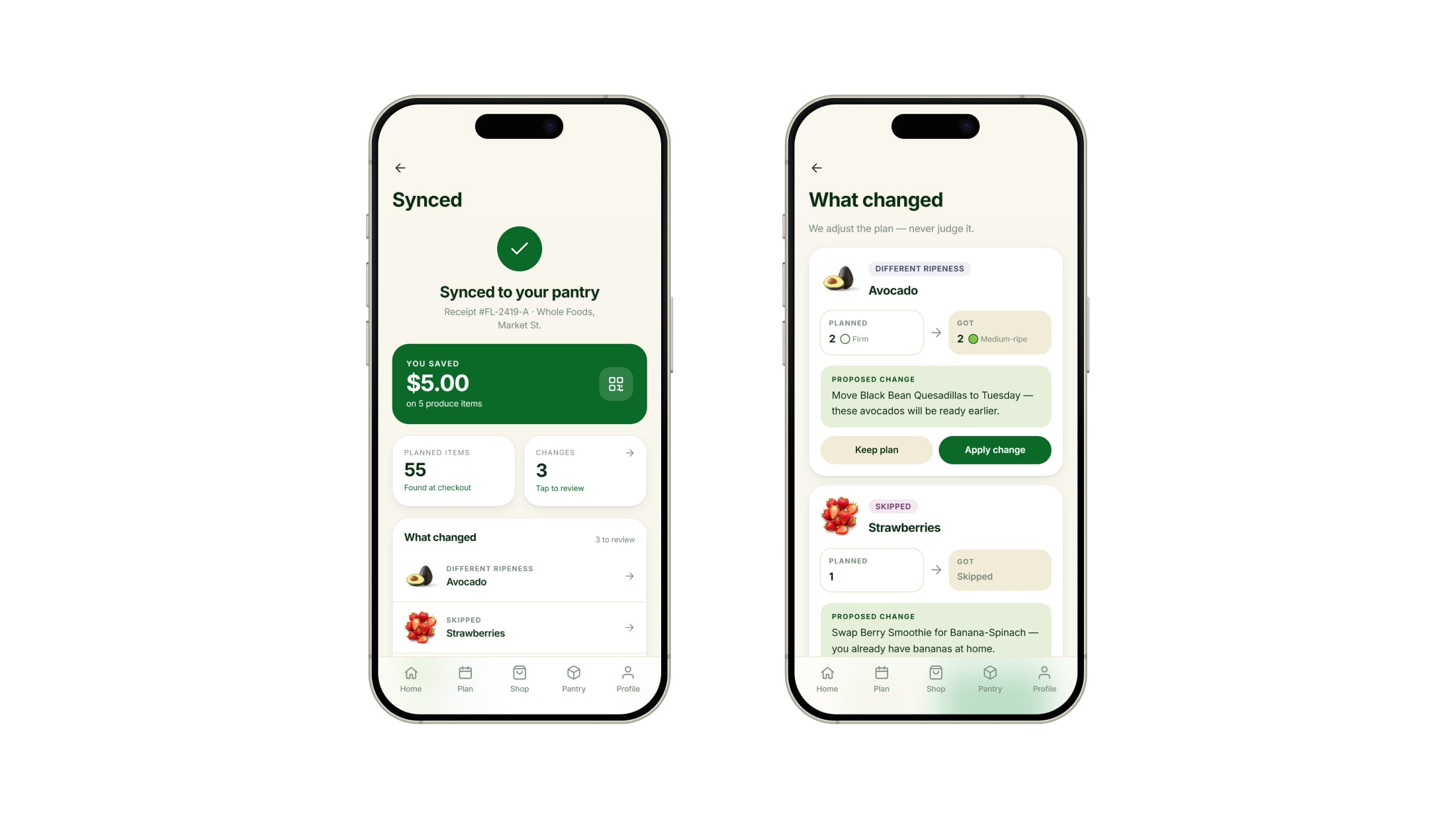 The synced screen confirming the purchase, with five dollars saved and three changes to review, beside the what-changed screen where a riper avocado and a skipped punnet of strawberries each carry a proposed edit to the week.