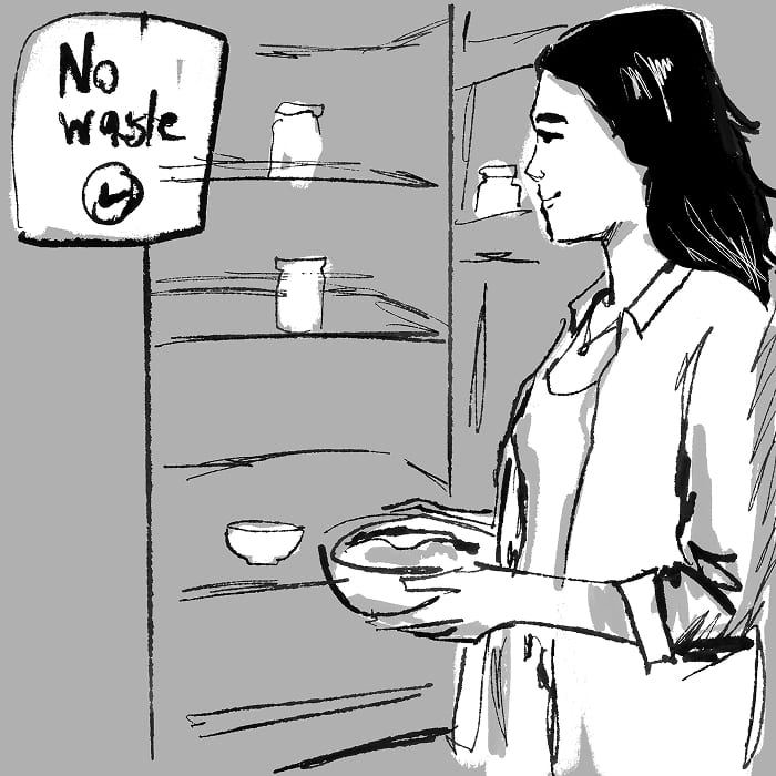 An open fridge at the end of the week, empty, with nothing thrown away.