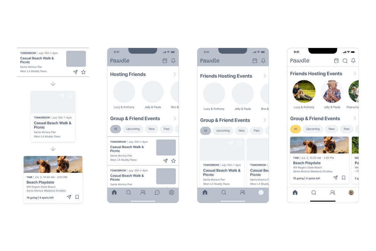 Home tab iterations showing the event cards and their copy evolving across versions.