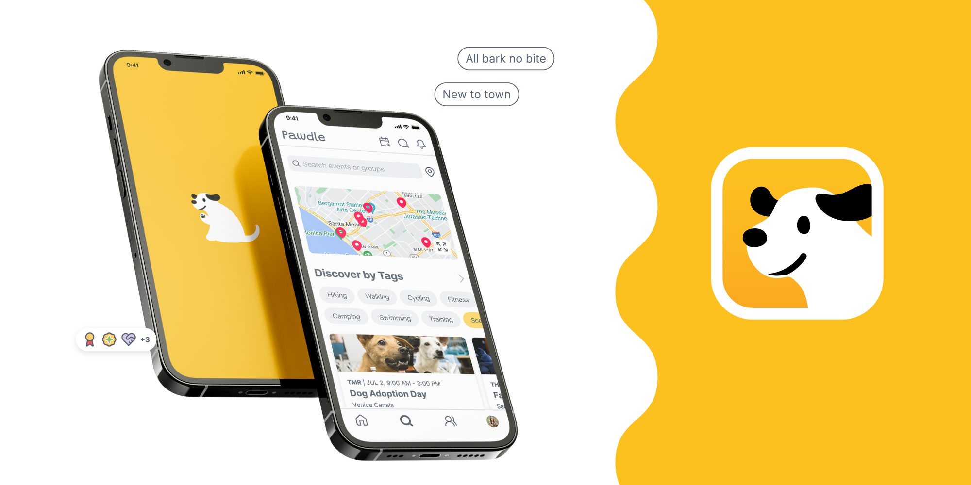Two phones showing Pawdle's map and event feed, beside the dog mascot on the brand yellow.