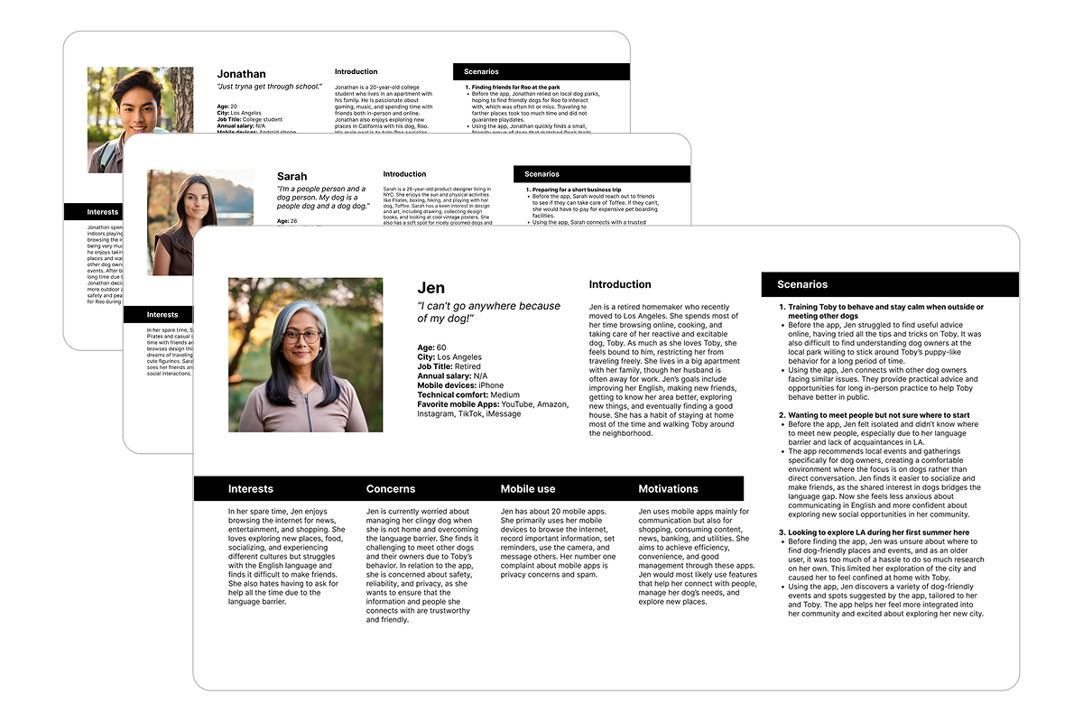 Persona sheets for Jonathan, Sarah, and Jen, each with goals, concerns, and Pawdle use scenarios.
