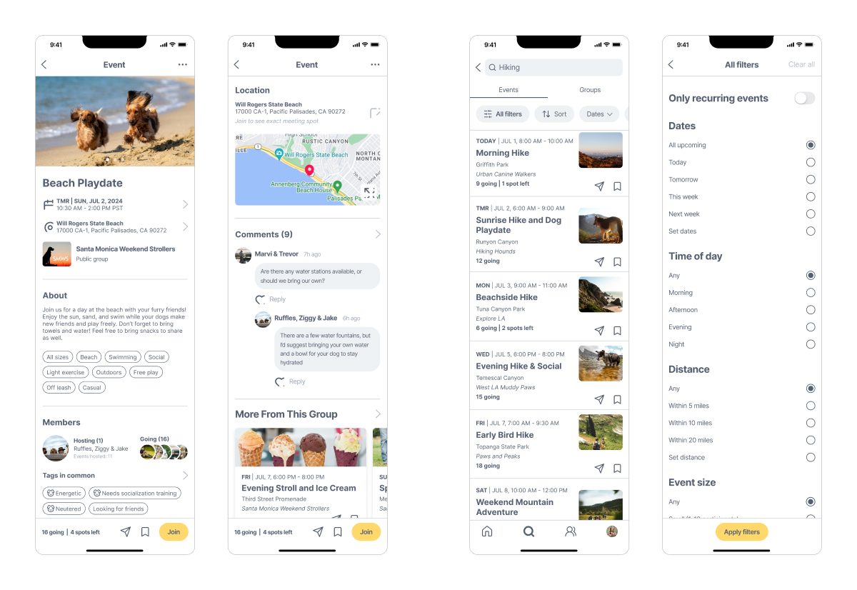 Additional high-fidelity screens, including the event detail page and the search and filter flow.