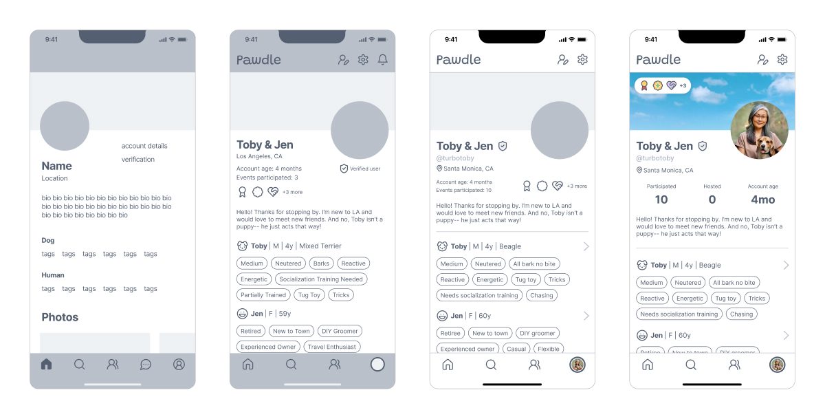 The profile tab evolving from a rough text layout to the finished screen.