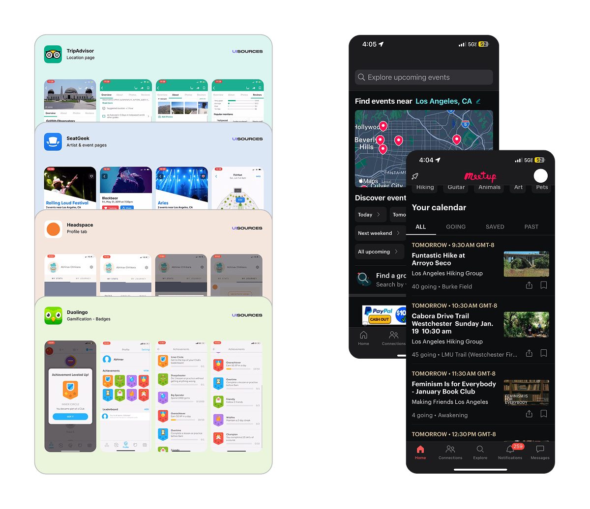 Mobile design pattern references from UISources alongside screenshots of the Meetup app.
