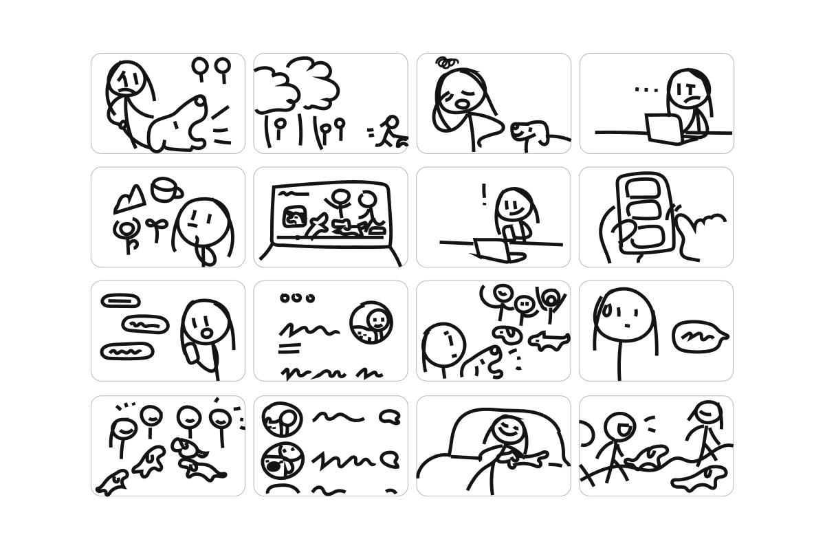 Sixteen hand-drawn storyboard frames following Jen and her dog Toby from a stressful park visit to a beginner-friendly meetup and a settled routine.