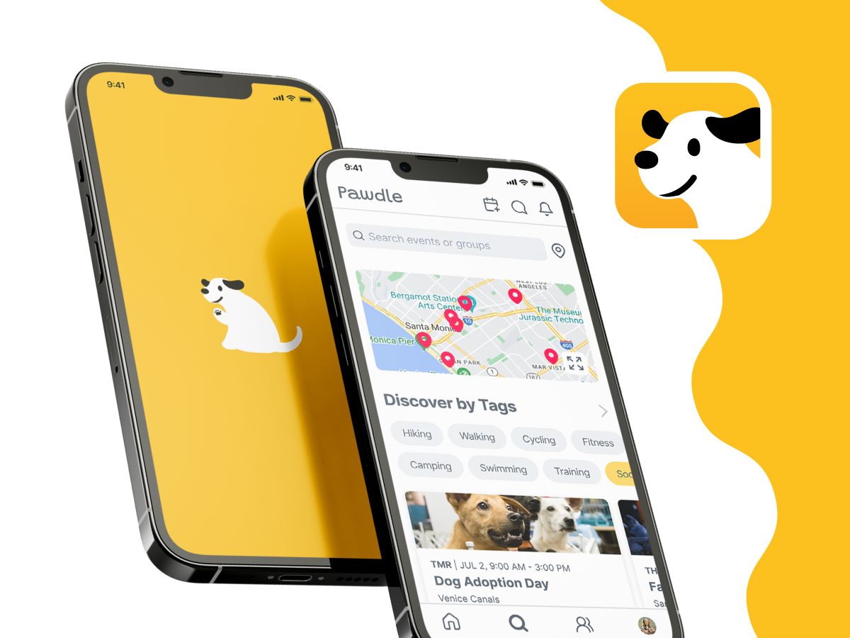 Pawdle app screens arranged on the brand yellow.