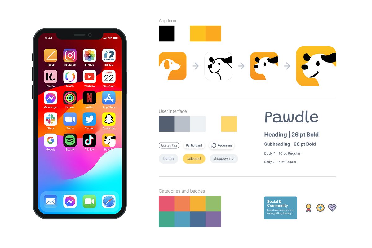 Visual identity sheet: the app icon on a real home screen, the icon's evolution, three color palettes, type specimen, and UI components.
