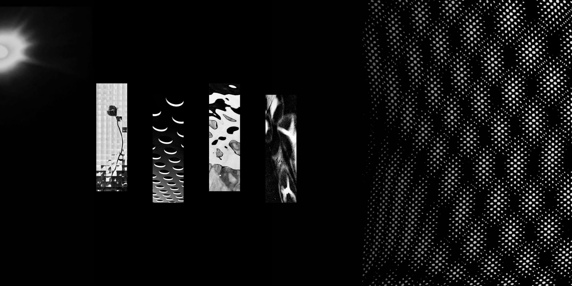 Four black-and-white abstract photographs floating on black beside a field of halftone dots.