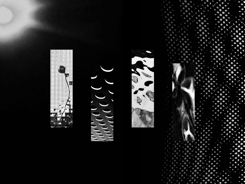 Four black-and-white abstract photographs floating on black beside a field of halftone dots.