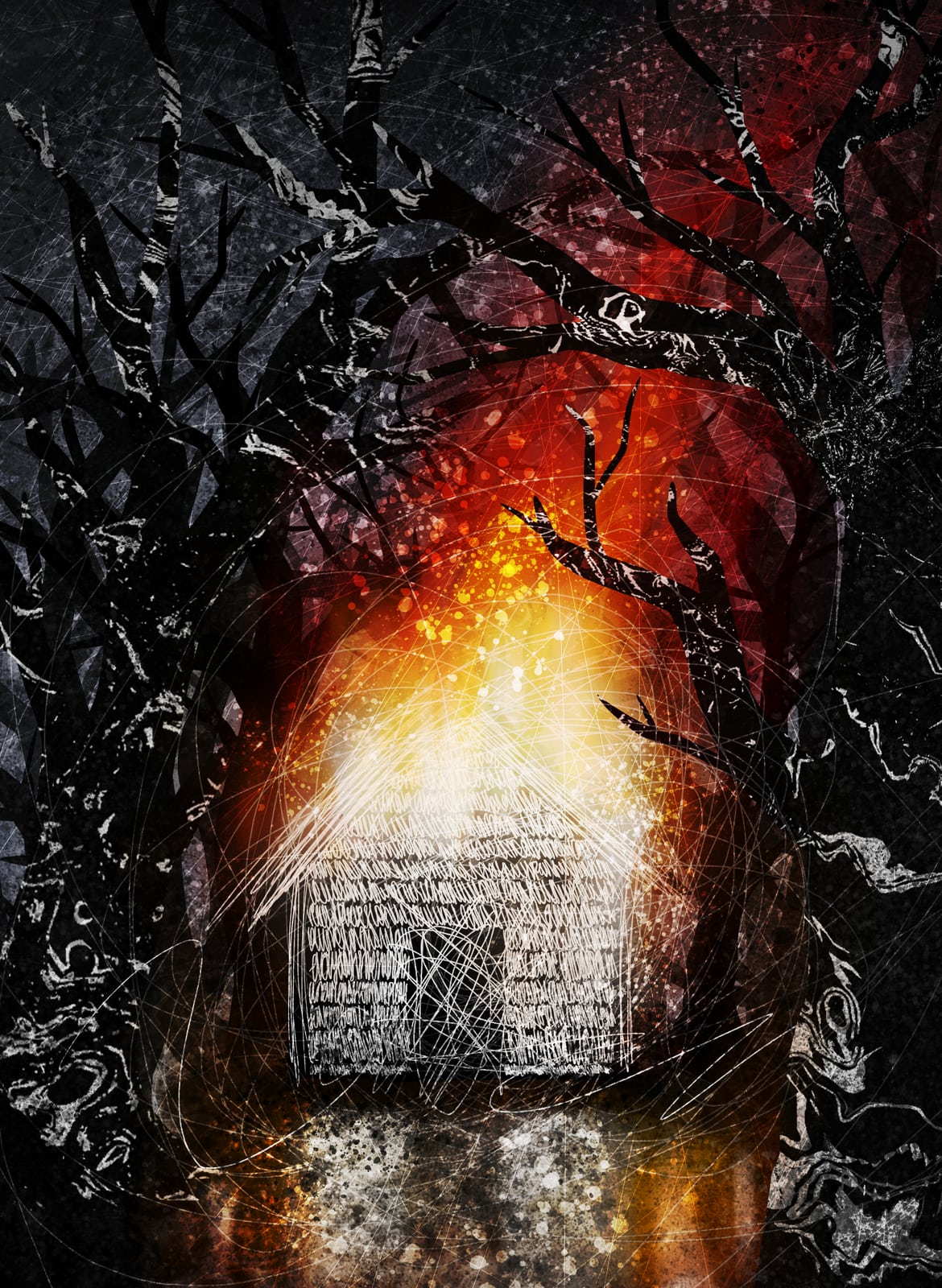 A burning house held inside a tangle of black branches.