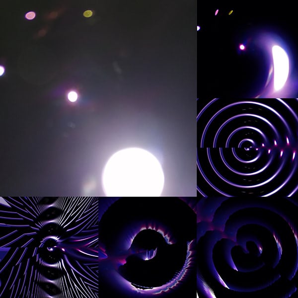 Six more images made from the same bubble — rings, spirals, and flares in violet on black.