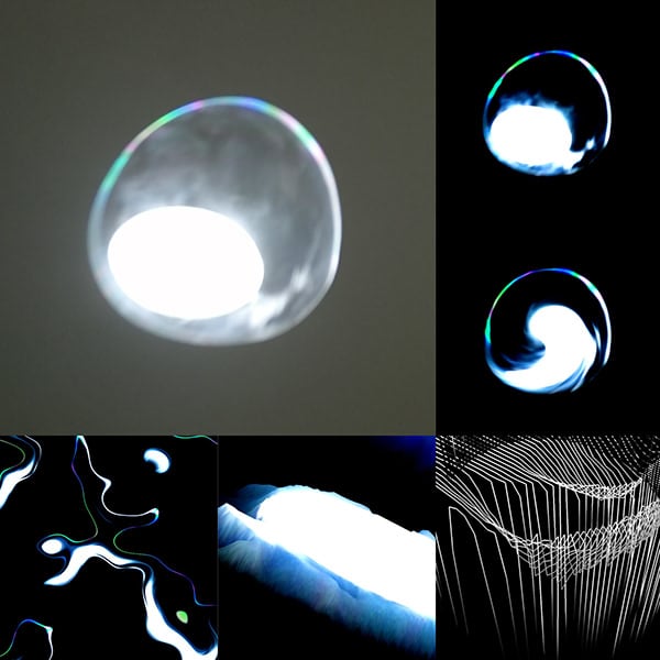 The blown plastic bubble photographed on a gray ground, beside five images pulled out of it.