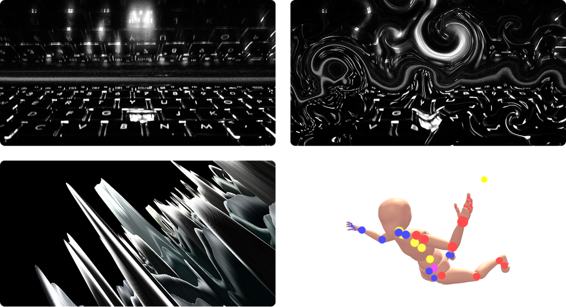 The four steps behind it — the backlit keyboard photographed, warped into liquid ribbons, raised into a height map of white spikes, and the figure posed in a free online 3D modeler.