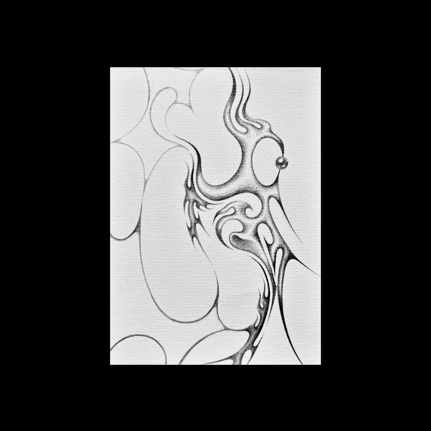 Thin contour lines gathering into a curled, figure-like form.