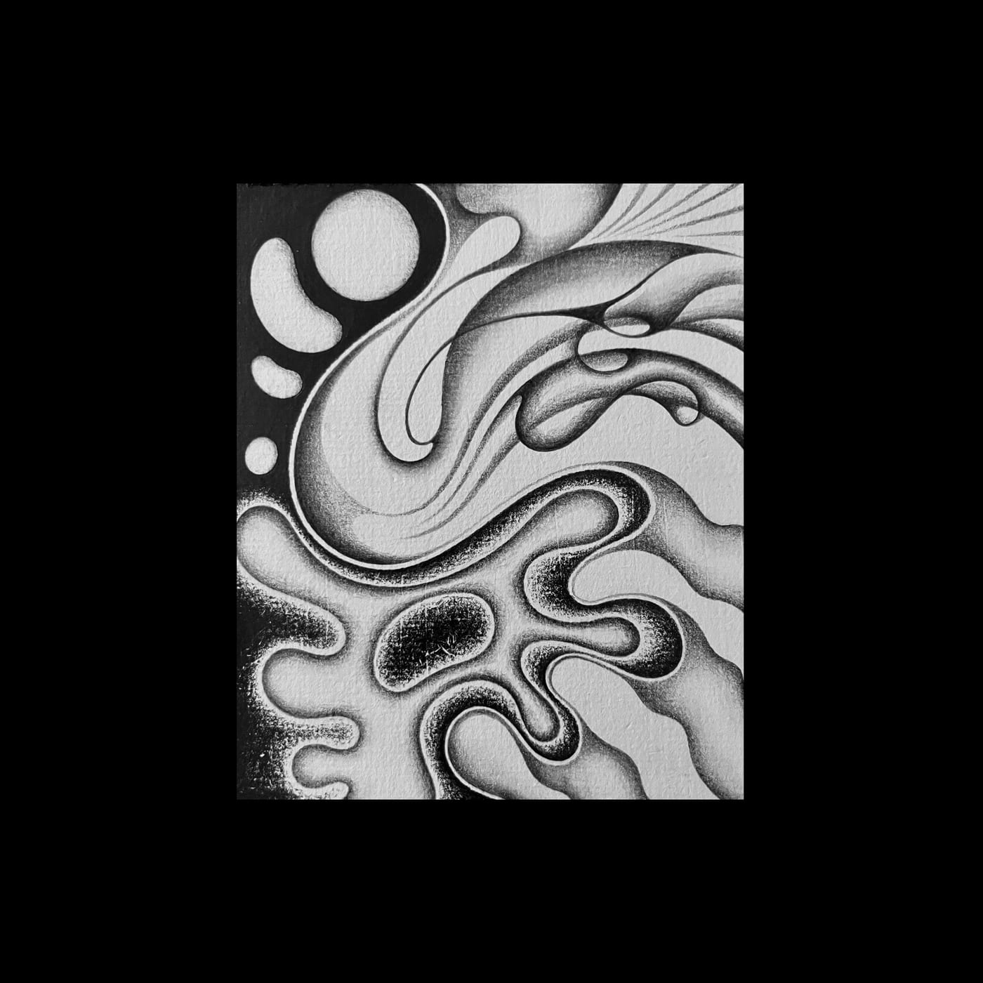 Circles and swirling bands crowding a dark, densely worked sheet.
