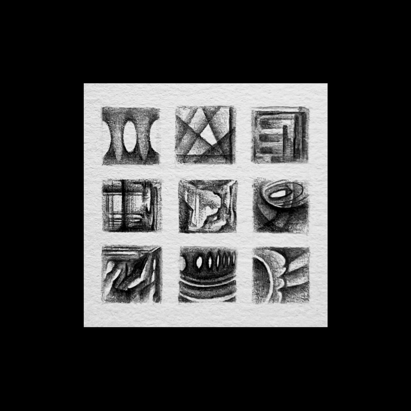 Nine small square studies arranged in a three-by-three grid.