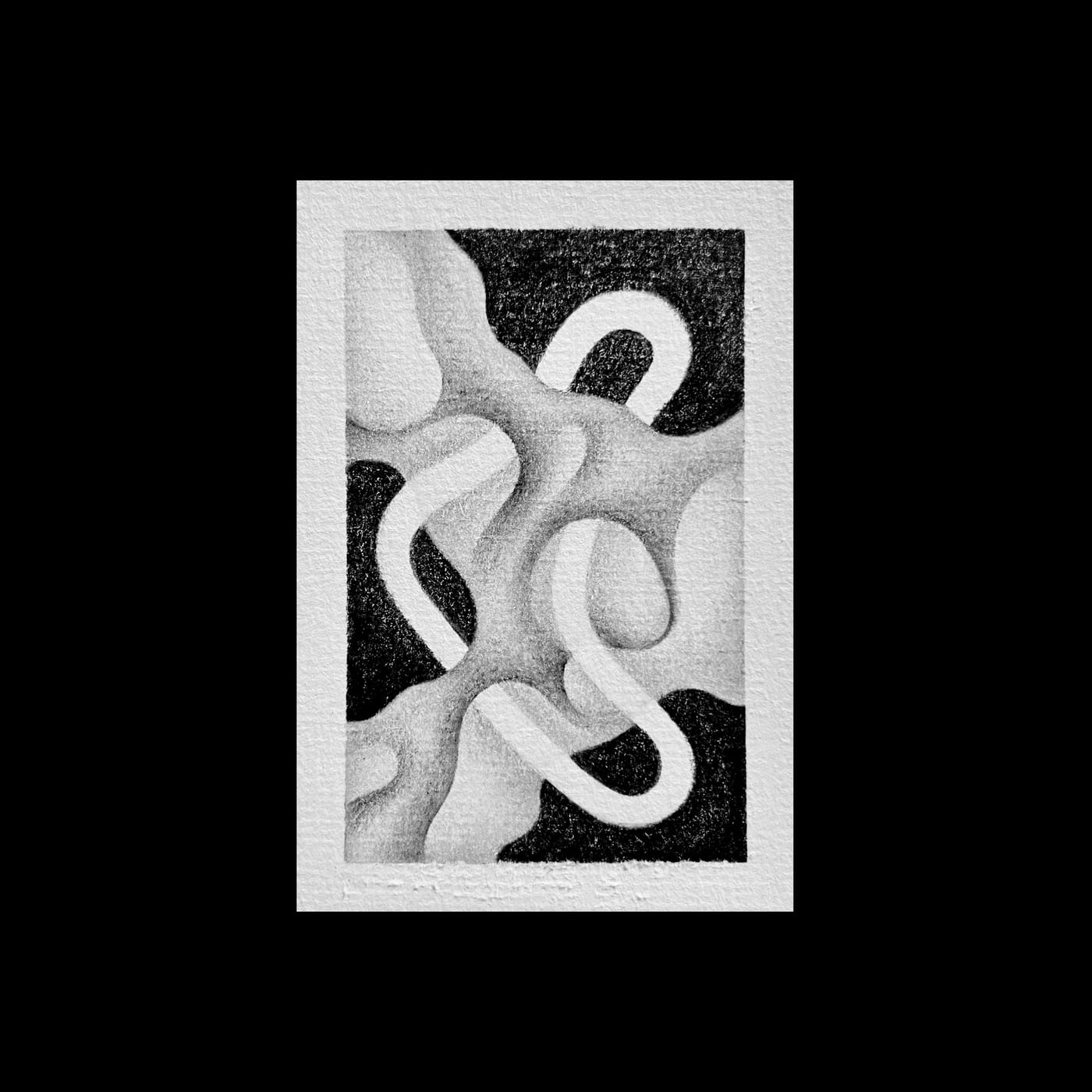 White ribbons winding over a black ground inside a white border.