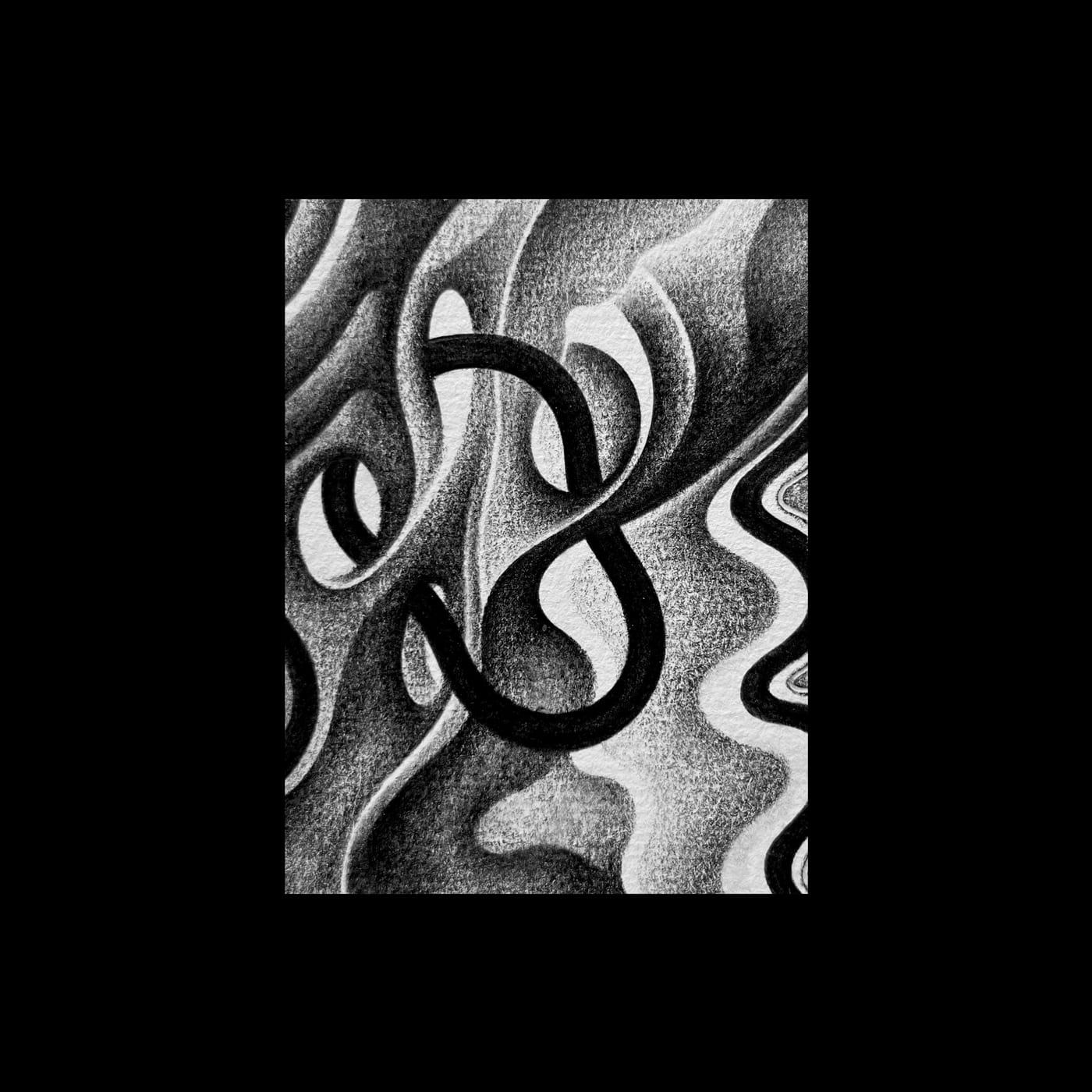 A heavy black loop knotted through a field of gray currents.